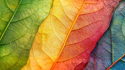 Obraz premium Leaf Veins Close-Up: Spectrum of colors from green to gold in autumn, life cycle concept.