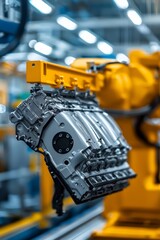 Close-up of a car engine being assembled on a production line, surrounded by high-tech equipment and industrial robotics