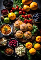 vibrant food supply setup featuring fresh ingredients across colorful displays arrangements, assortment, basket, beautiful, bright, catering, culinary