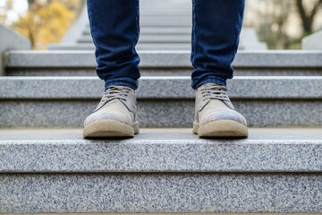 Casual Footwear on Concrete Steps: Urban Fashion and Lifestyle in Blue Jeans