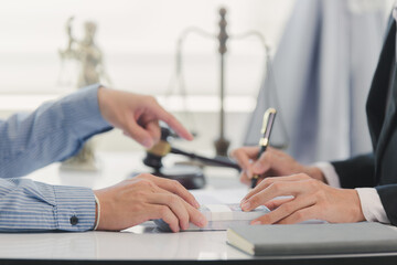 Lawyer accepts bribe in office, concept of corruption and bribery of lawyer with legal documents,...