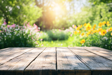 wooden table sits in the foreground while sunlight pours over blooming flowers and greenery in a lush garden creating a peaceful outdoor scene