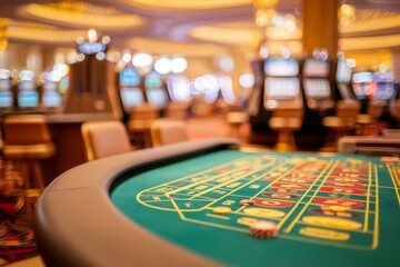 Fototapeta premium Vibrant Casino Floor: Roulette Table and Slot Machines in Luxurious Gaming Environment