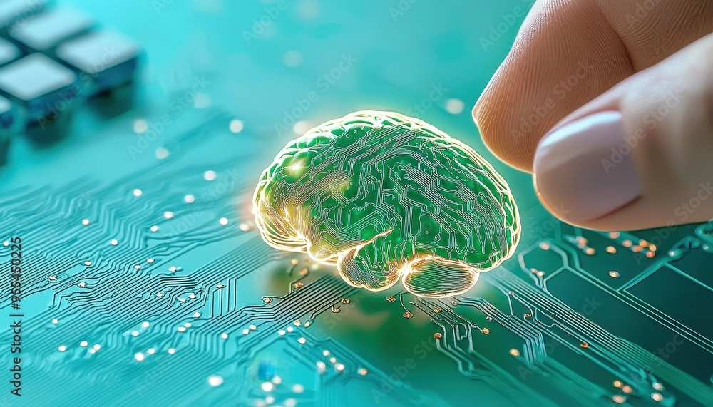 Poster a hand interacting with a glowing brain on a circuit board, symbolizing the fusion of technology and