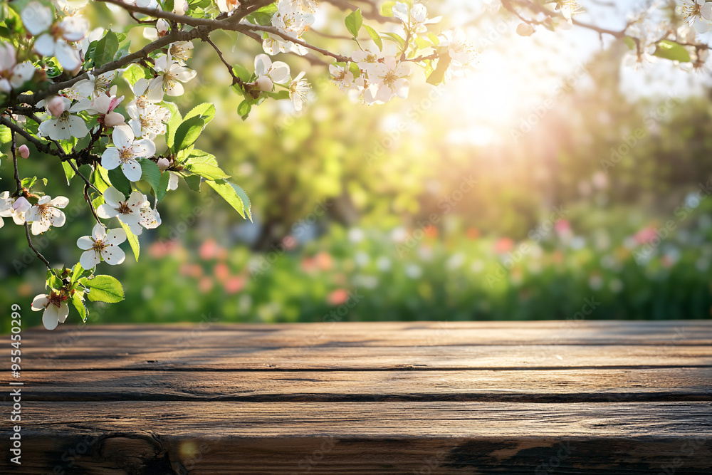 Poster wooden table in the foreground is illuminated by soft sunlight with blossoming flowers and greenery 