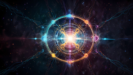 Obraz premium An abstract digital illustration representing positive and negative ions in a cosmic field, with vibrant electric arcs and glowing particles, creating a sense of energy flow and balance