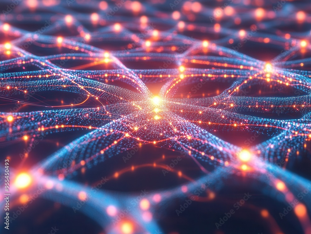 Poster glowing abstract network with vibrant lights and intricate patterns, illustrating connectivity and m