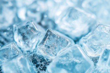 Obraz premium Close-up photo of multiple ice cubes, showcasing their transparent crystal structure with a light blue tint melting.