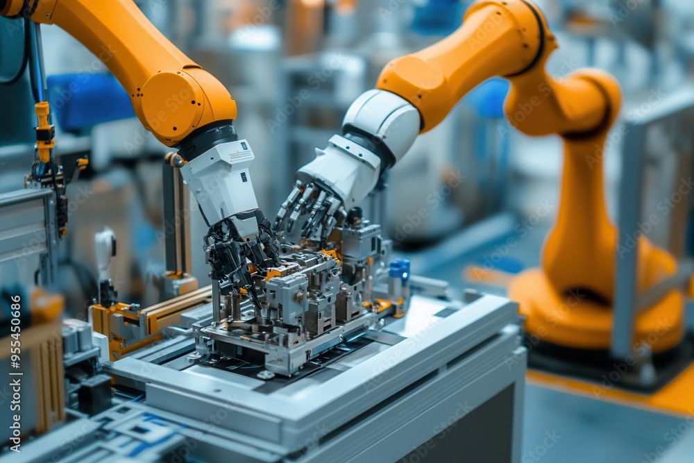 Poster industrial robot arms assembling components in a modern factory. automation enhances precision and e