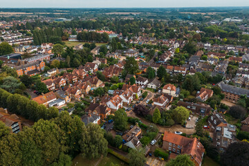 Aerial drone shot over the town of Bishops Stortford in England