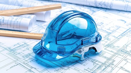 A vibrant blue construction helmet rests on engineering plans, symbolizing safety and planning in architecture and construction projects.
