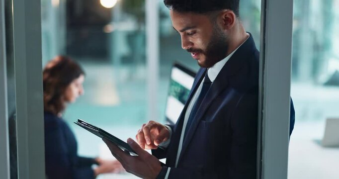 Tablet, business man and working with digital planning, tech and lawyer research in office. Professional, attorney job and website in labor law firm with project, internet and scroll for online case