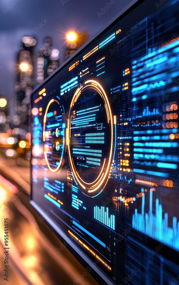 Poster futuristic technology display with digital graphics, illuminated data visuals, and a city skyline in