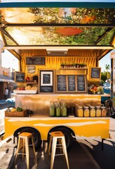 Fototapeta premium colorful food truck setup showcasing eye catching menu display bright colors unique design elements, signage, urban, outdoor, catering, cuisine, gourmet