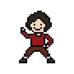 Obraz premium Cute pixel cartoon 8bit character man exercises training dance lifestyle music decoration life style 8 bit male boy dance with music game fitness isolated PNG vector.