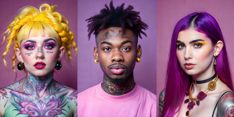Obraz premium Collage of young multiethnic people with tattoo, piercing and colorful hairs on purple background