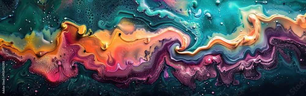 Poster multicolored paint swirls and blends, creating a vibrant abstract pattern