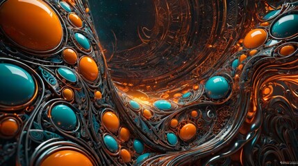 Close Up of an Abstract Painting With Orange and Blue Circles