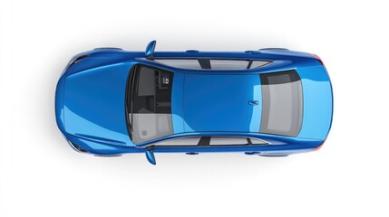 Modern blue sedan car viewed from above, isolated on white.