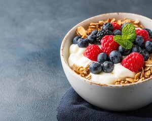 A colorful fiber-rich breakfast spread, photorealism, warm morning light, natural setting