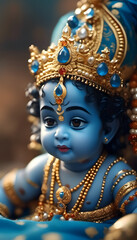 Indian religious festival. Cute little baby Krishna with blue skin on light background. Birthday of Krishna, eighth avatar of Vishnu. Shree Krishna Janmashtami or Gokulashtami.