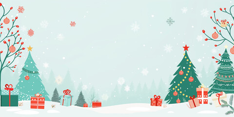 Snowing christmas background with cute cartoon-style trees, ornaments, and presents, abstract design
