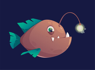 Flat vector illustration of a deep sea angler fish character design with a glowing lure and sharp teeth. The fish has big eyes and green fins against a dark blue background