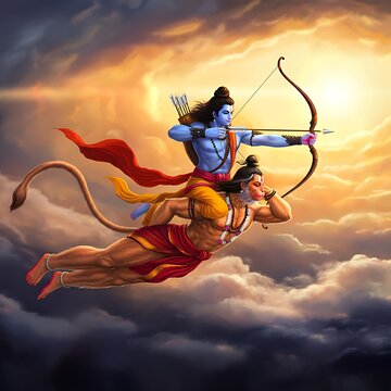 Lord Rama and Lord Hanuman flying in the sky