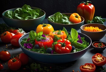 colorful plant based dishes displayed bold striking backgrounds featuring fresh ingredients creative arrangements, vegetable, cuisine, plate, food