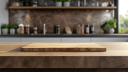 Kitchen counter with empty wooden board and blur modern kitchen interior background. Food and drink product podium stand tabletop.