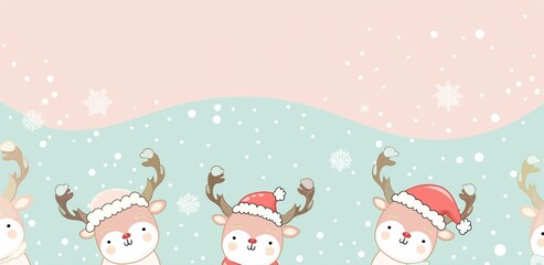 Cute reindeers drawing on a pastel Christmas background, space for text
