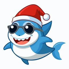 Playful Christmas Baby Shark in Santa Hat & Sunglasses – Vector Clipart on White Background