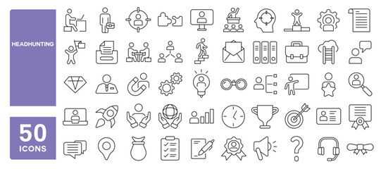 Set of 50 line icons related to headhunting, recruiting, career, employment, recruitment, headhunter, job, hiring, human resources, Editable stroke. Vector illustration