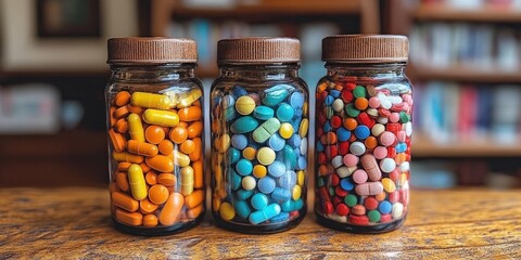 A display of colorful medication jars arranged on a wooden surface