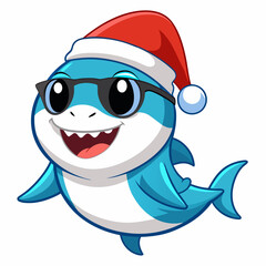 Playful Christmas Baby Shark in Santa Hat & Sunglasses – Vector Clipart on White Background
