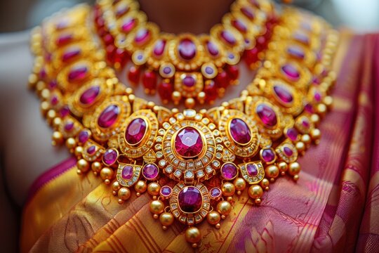 A close-up of a gold necklace with pink gemstones, worn by a woman