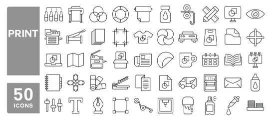 Set of 50 line icons related to print, printing, printer, digital, offset, brochure, catalog, flyer, newspaper, card, t-shirt, design, painting, Editable stroke. Vector illustration