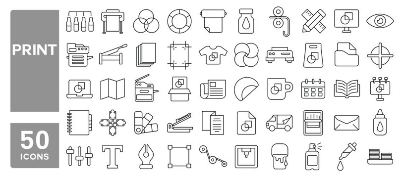 Set of 50 line icons related to print, printing, printer, digital, offset, brochure, catalog, flyer, newspaper, card, t-shirt, design, painting, Editable stroke. Vector illustration