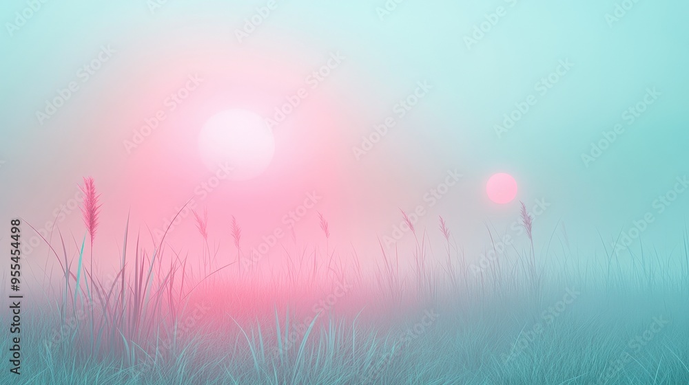 Canvas Prints A field of grass with a pink sun in the sky