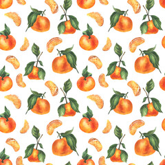 Orange tangerines with green branch and leaves, citrus tropical fruit, whole and slices. Watercolor illustration, hand drawn. Seamless pattern on a white background.