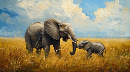 Fototapeta premium Mother Elephant and Calf: Tender moment in African grasslands, symbolizing motherly love.