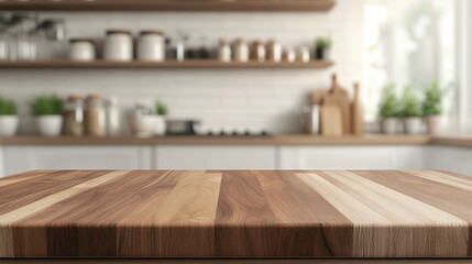 Kitchen counter with empty wooden board and blur modern kitchen interior background. Food and drink product podium stand tabletop.