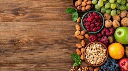 Fiber and prebiotic-rich foods like nuts, seeds, and fruits on a wooden table, rustic style, warm lighting
