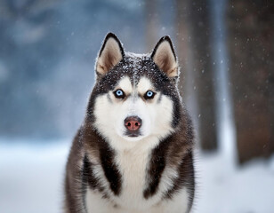 Naklejka premium siberian husky dog portrait in winter snow, close up