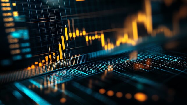 Abstract digital financial chart, stock market data visualization with dynamic glowing graphics, futuristic business technology concept.