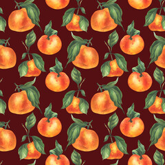 Orange tangerines with green branch and leaves, citrus tropical fruit. Watercolor illustration, hand drawn. Seamless pattern on a burgundy background