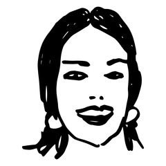 Head of a pretty smiling young woman. Female portrait. Face of a happy girl. Hand drawn linear doodle rough sketch. Black and white silhouette.