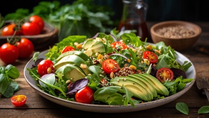 Salad with leafy greens, cherry tomatoes, avocado slices, quinoa, nuts and a light vinaigrette sauce served on a rustic wooden table.