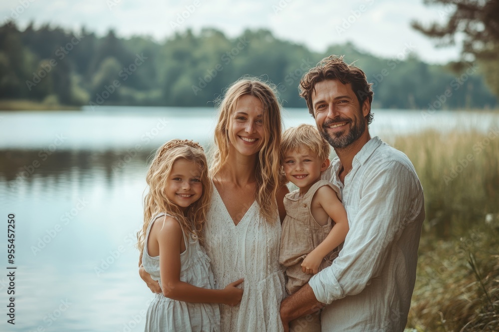 Wall mural happy family standing near the lake at the day time, generative ai