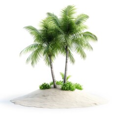 Obraz premium a 3D coconut tree with a sandy base, beach scene, green fronds and sand, isolated on white background --style raw --personalize d3pixdk --stylize 250 Job ID: cd15e754-ac9c-4be4-9156-6bedc7983470